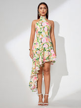 Halter Floral Asymmetric Backless Dress